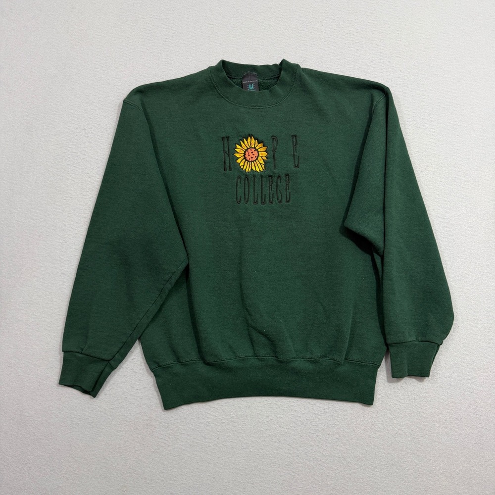 Vintage Hope College Sweatshirt Size Large Green Sunflower Embroidered Pullover
